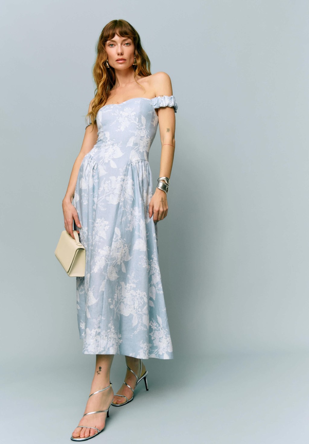 Light Blue Off-the-Shoulder Midi Dress with Floral Print — Summer Wedding Outfits 2027
