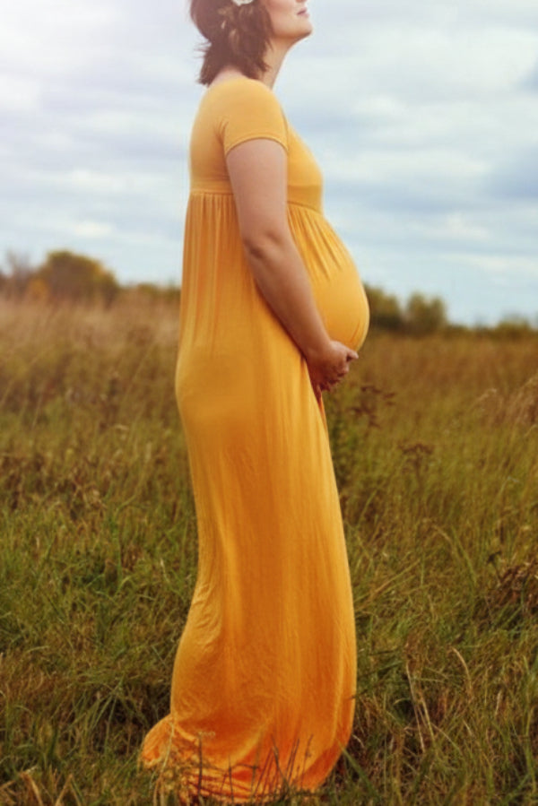 Mustard Yellow Short-Sleeve Maxi Dress with Flower Crown — Baby Shower Outfits 2027