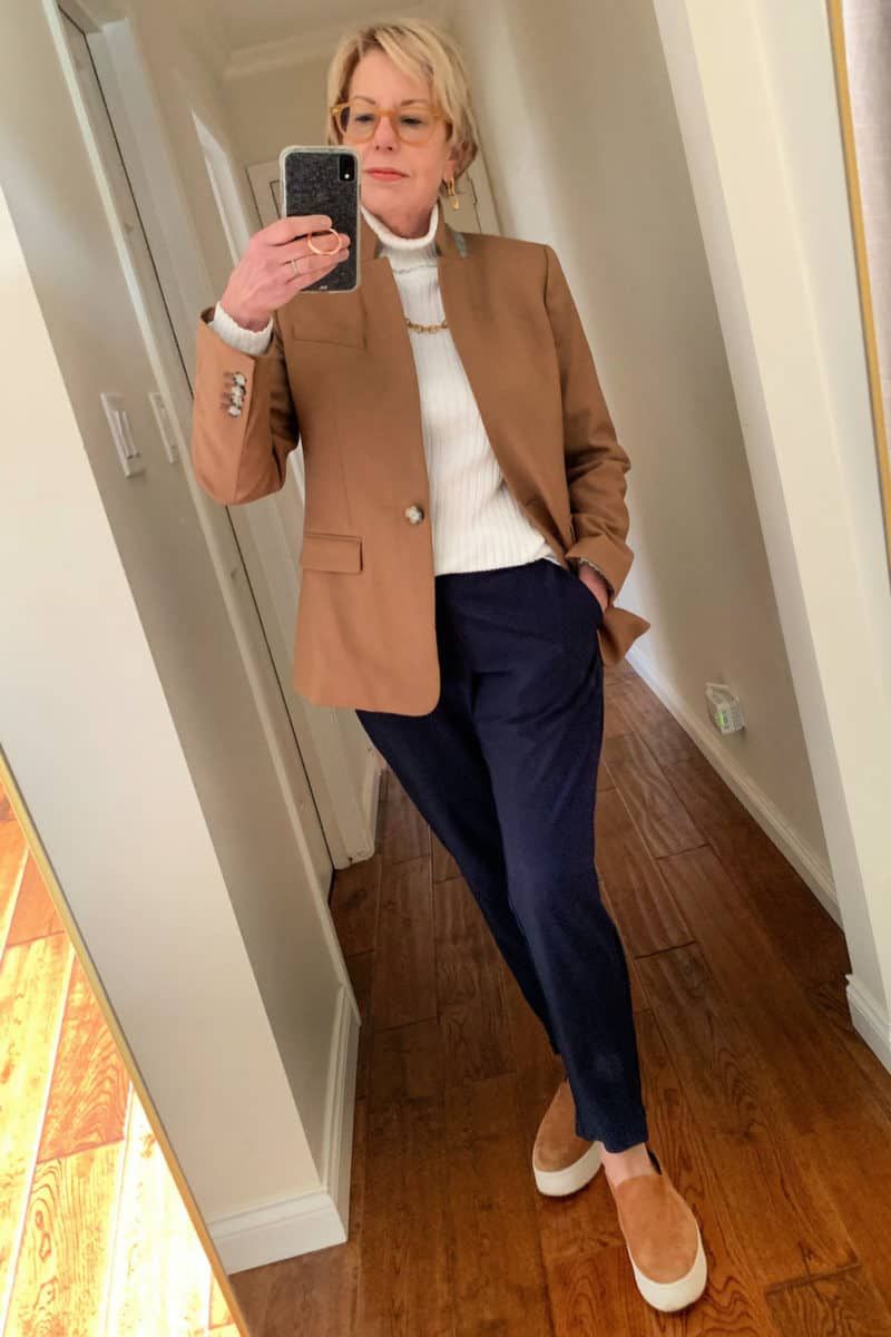 Camel Blazer and White Turtleneck for Business Casual Camel Blazer and White Turtleneck for Business Casual — Zoom Outfits 2027