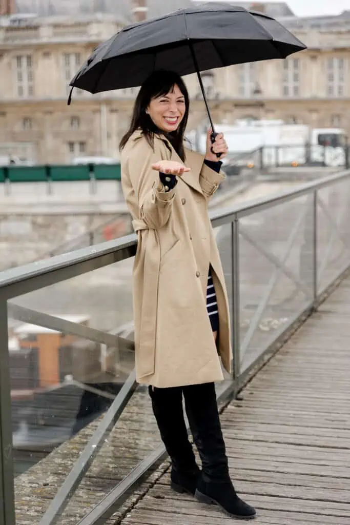 Everyday Practicality: Trench Coat with Striped Dress and Umbrella Everyday Practicality: Trench Coat with Striped Dress and Umbrella — Trench Coats 2027