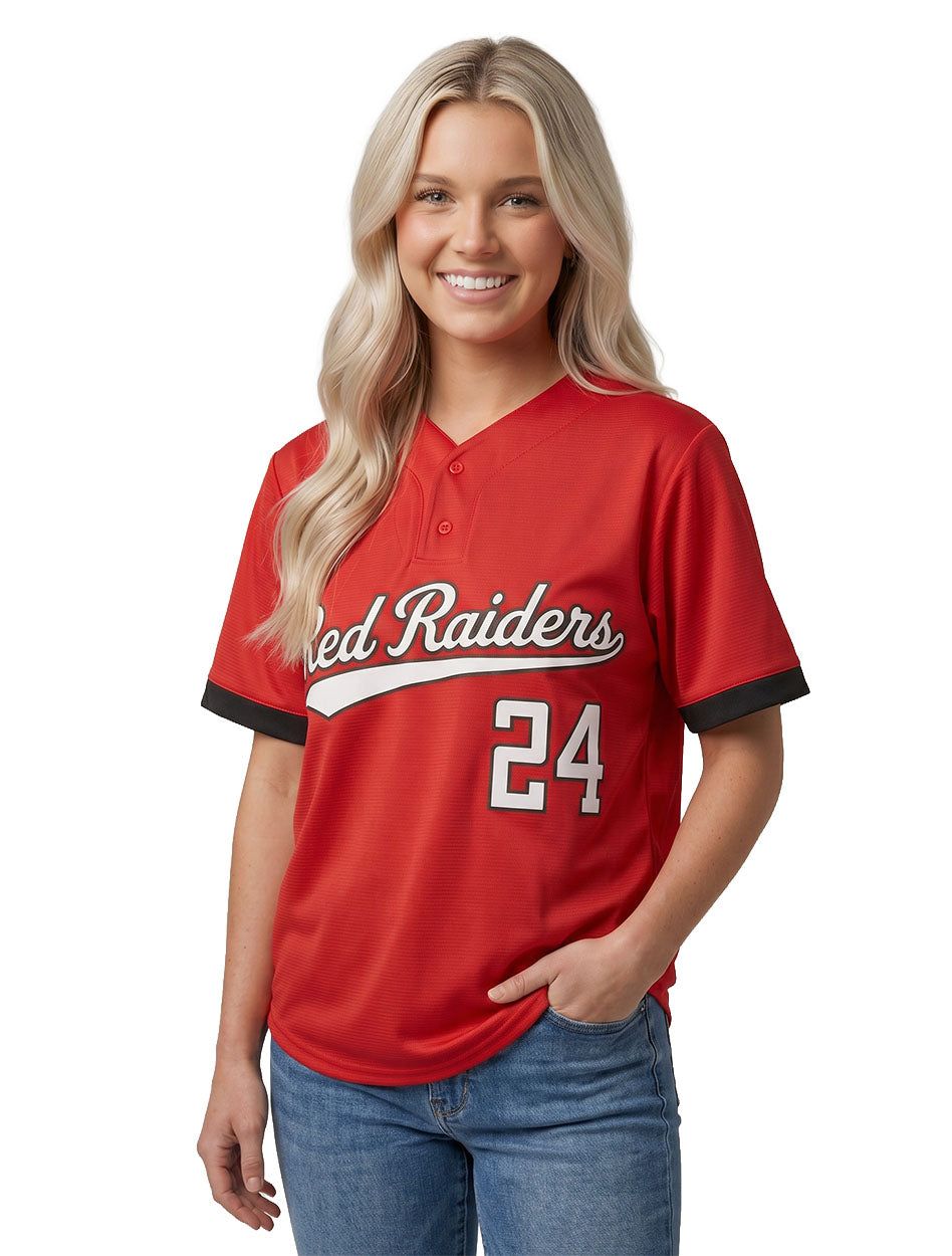 Red 'Red Raiders' Jersey with Blue Jeans Red 'Red Raiders' Jersey with Blue Jeans — Softball Outfits for Women 2027