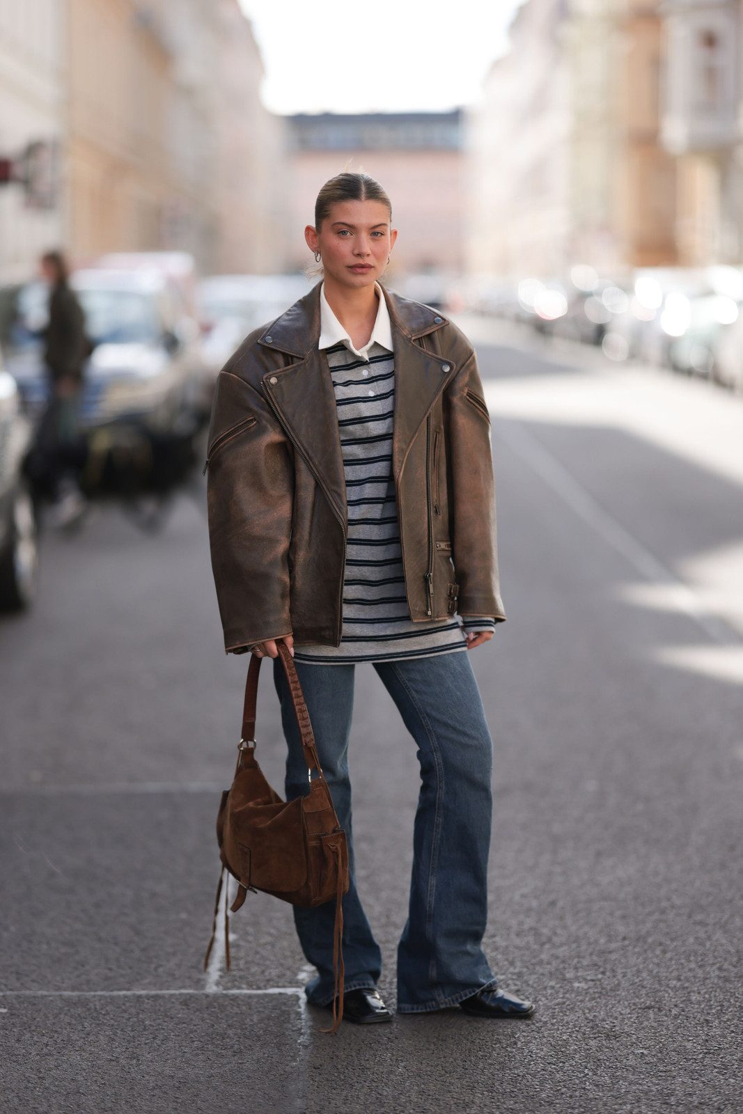 Wide-Leg Jeans with a Striped Shirt and Leather Jacket — Work Bootcut Jeans Outfits 2027
