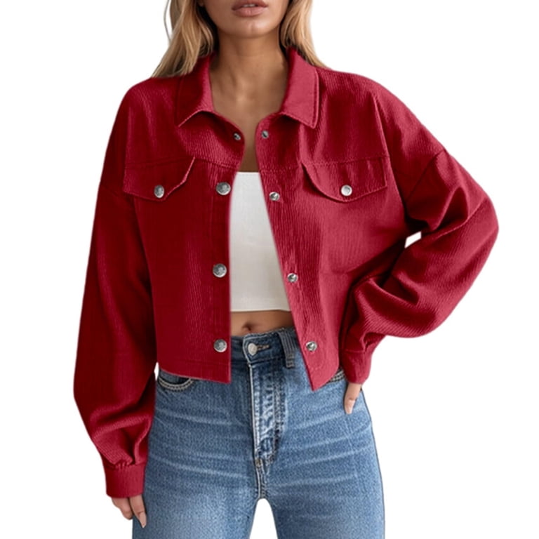 Red Corduroy Cropped Jacket with Crop Top and Jeans Red Corduroy Cropped Jacket with Crop Top and Jeans — Cropped Blazer Outfits 2027