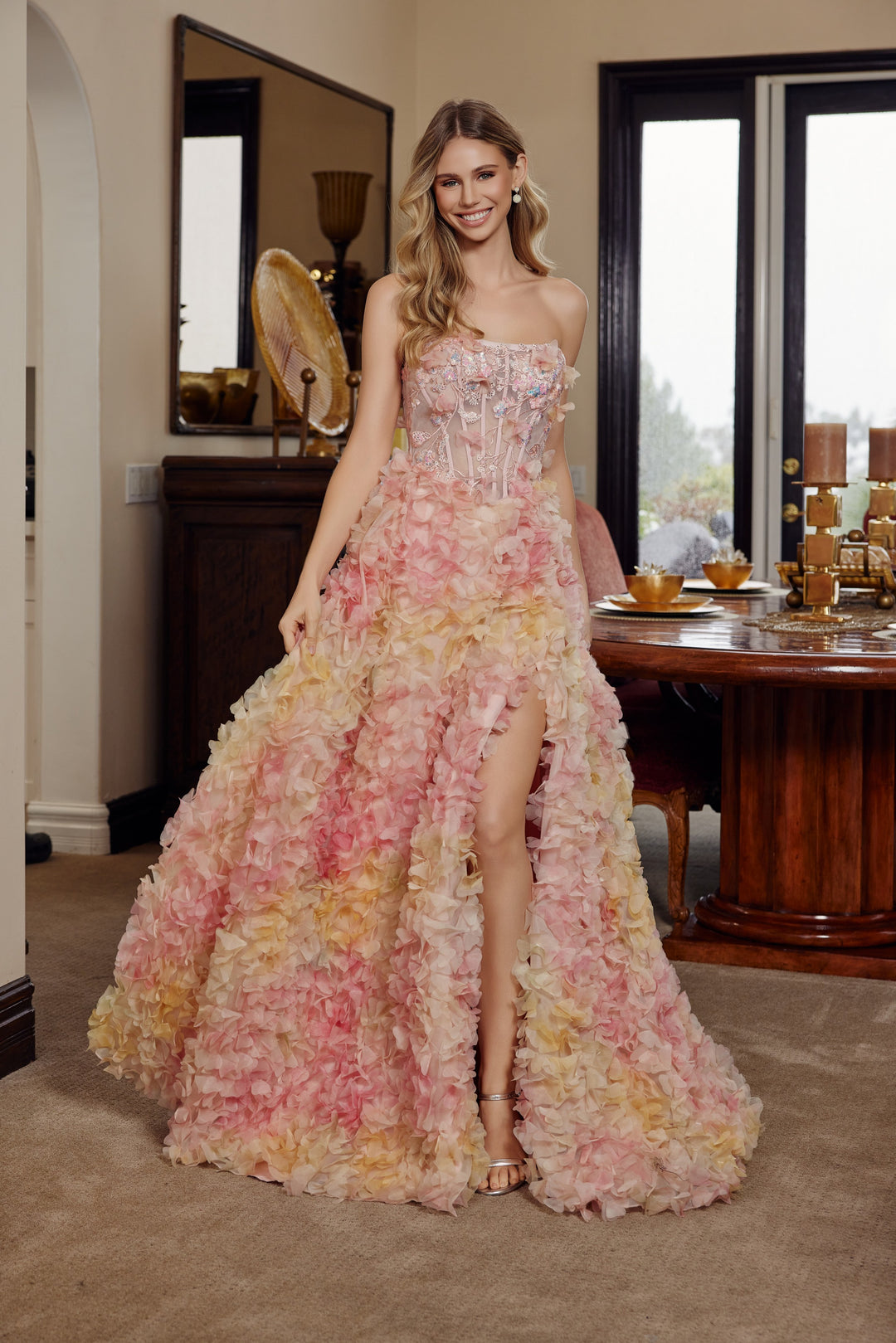 Ombre Strapless Gown with Ruffled 3D Floral Texture — 3D Floral Outfits 2027