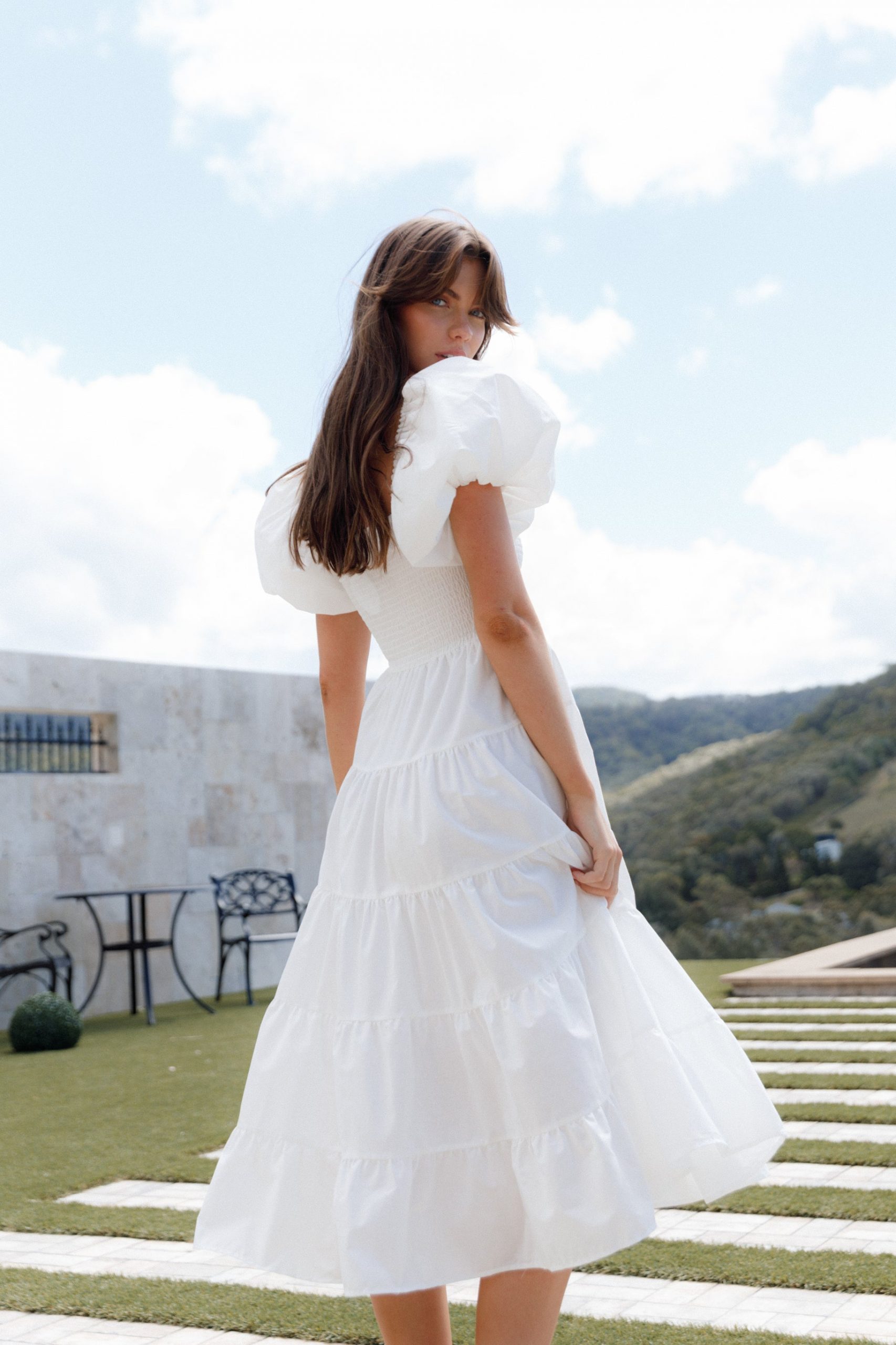 Not Visible Effortless White Cotton Midi with Shirred Bodice and Puff Sleeves Not Visible Effortless White Cotton Midi with Shirred Bodice and Puff Sleeves — Puff Sleeve Dresses 2027