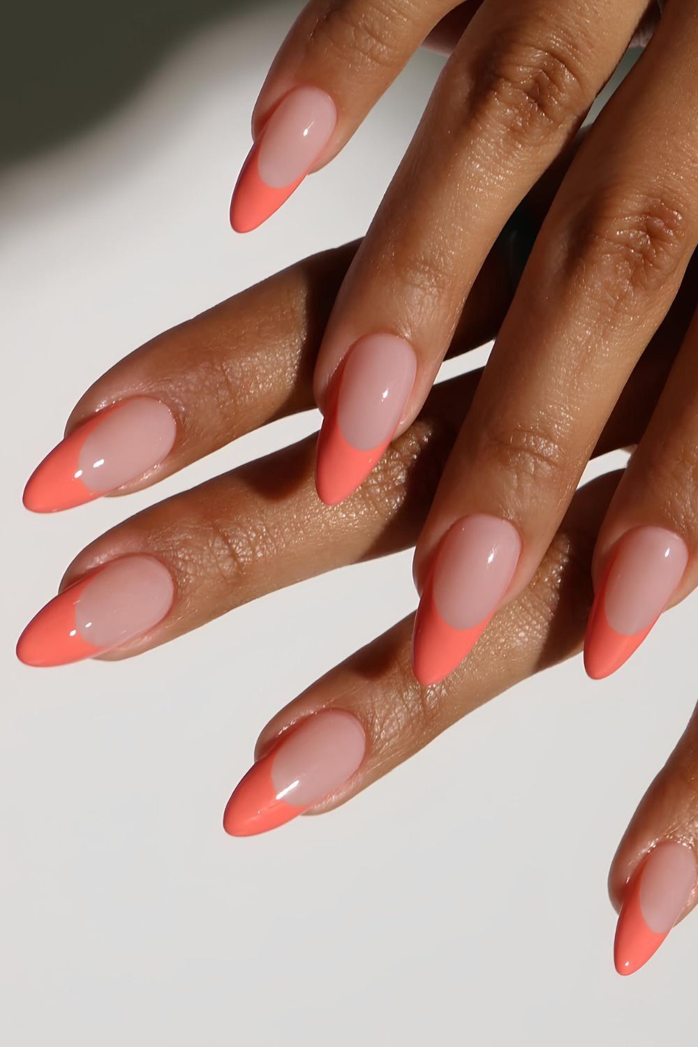 Thin Vibrant Coral French Tips Medium Almond — Coral French Tip Nails 2027