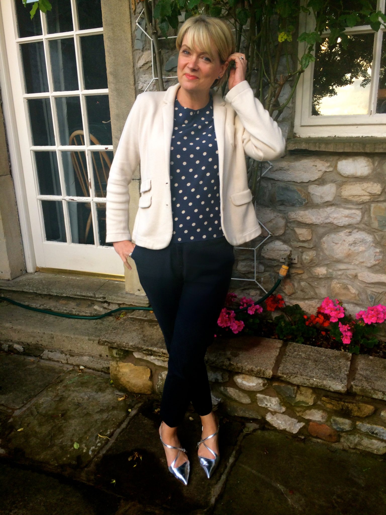 Cream Blazer with Polka Dot Blouse and Silver Heels — Office Outfits for Women 2027