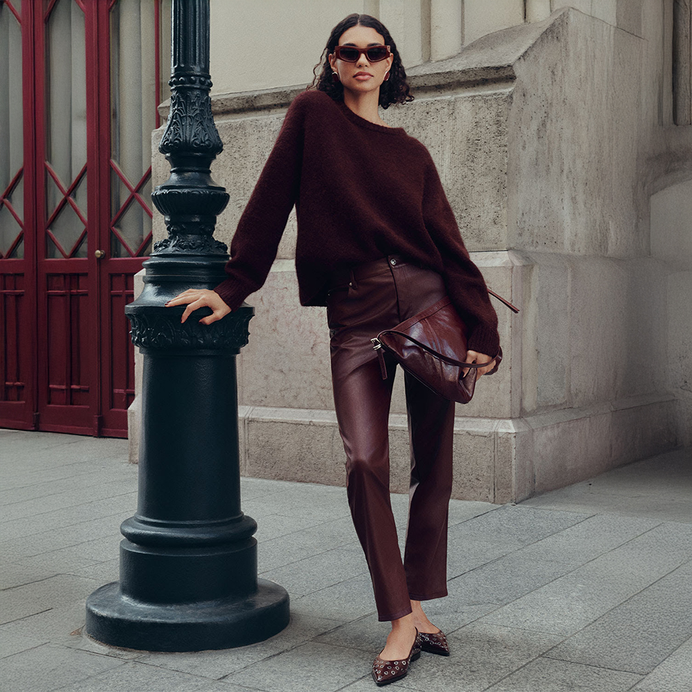 Monochromatic Burgundy Leather Trousers with Oversized Knitwear — Burgundy Outfits 2027