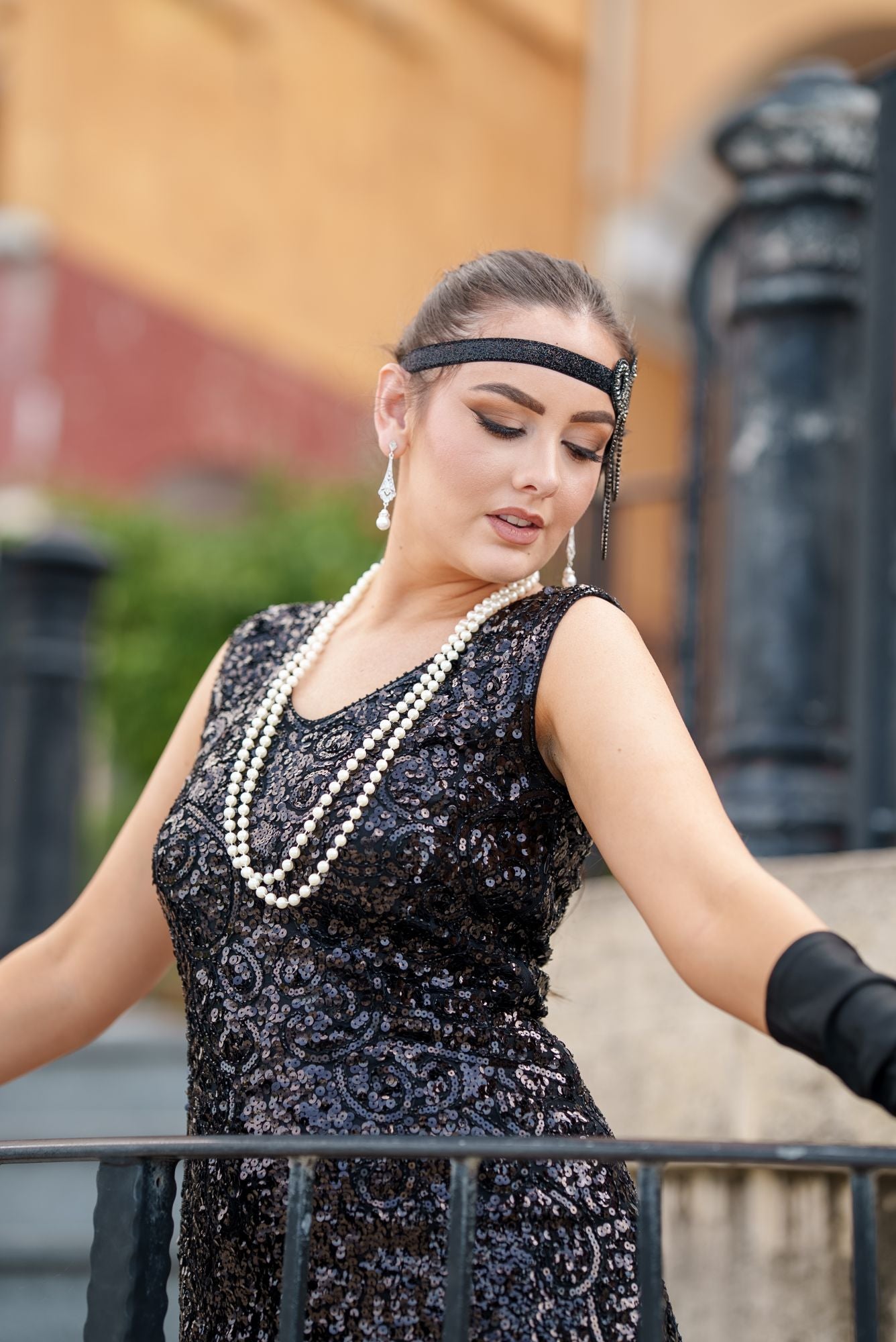 Black Pointed-Toe Heels Black Sequined Sleeveless Dress with Feathered Headband — Gatsby Outfits 2027