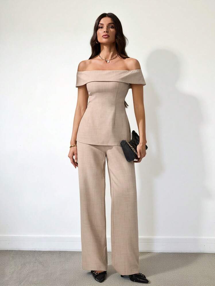 Beige Off-the-Shoulder Top and Wide-Leg Trousers Set — Tall Women Outfits 2027