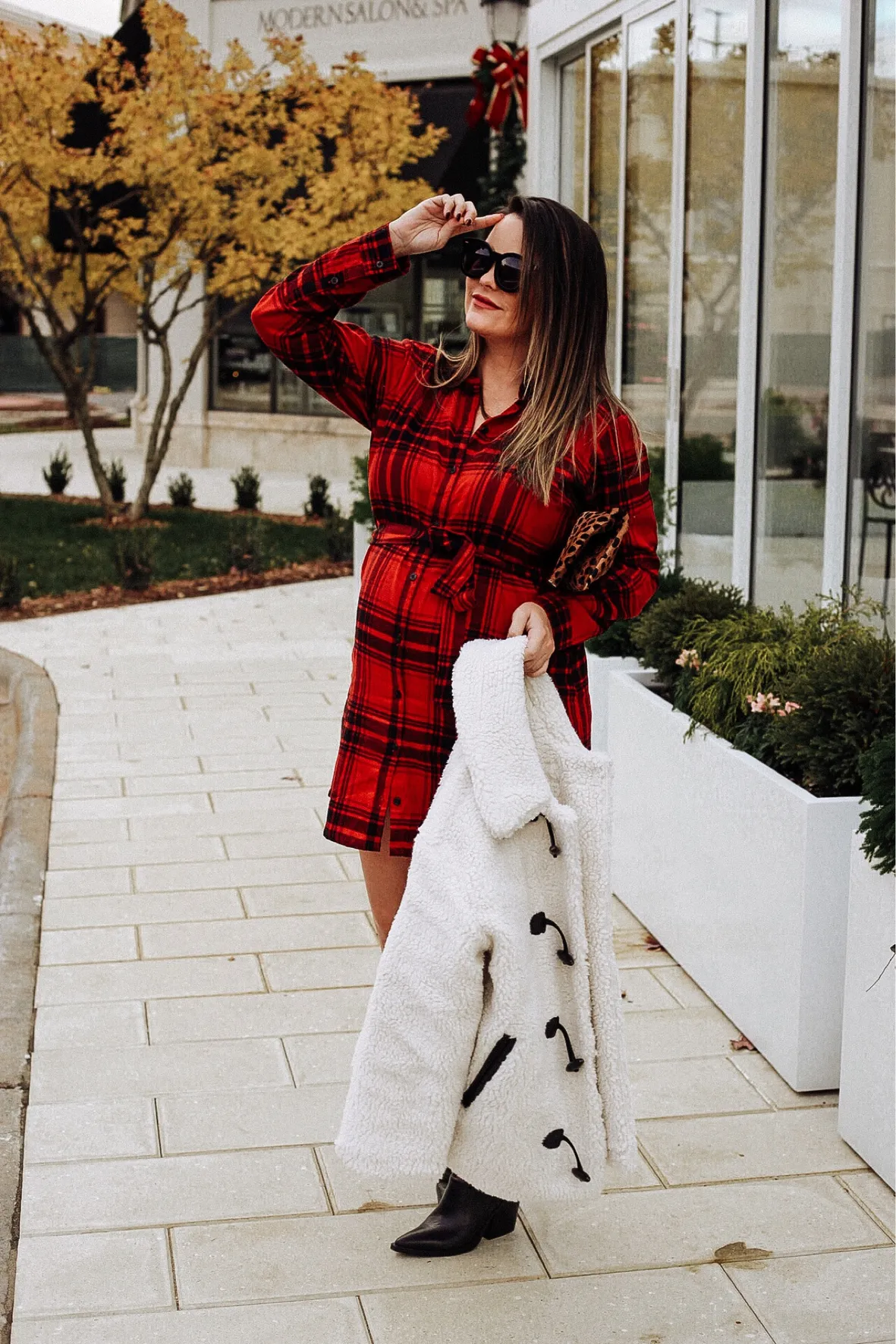 Plaid Shirt Dress with a Cozy Teddy Coat — Plaid Christmas Outfits 2026
