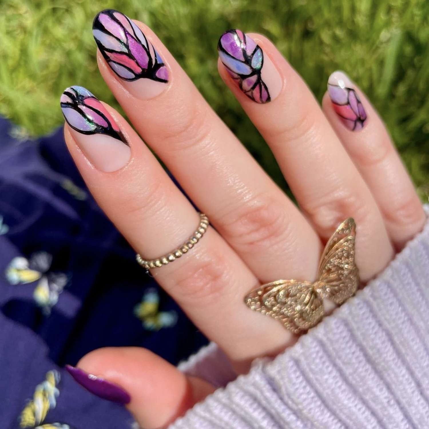 Stained Glass Butterfly Wing Almonds — Short Butterfly Almond Nails 2027