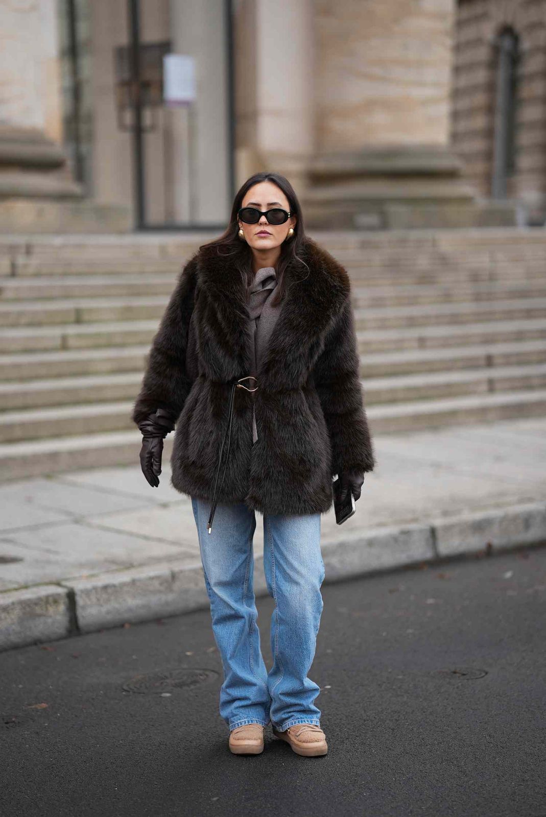 Faux Fur Coat and Jeans with a Practical Brown Belt Faux Fur Coat and Jeans with a Practical Brown Belt — Statement Belt Outfits 2027