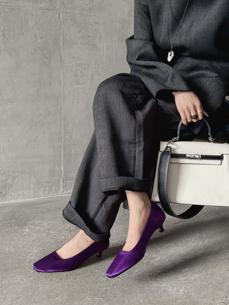 Purple Satin Kitten Heels with Grey Suiting Purple Satin Kitten Heels with Grey Suiting — Comfortable Heels 2027
