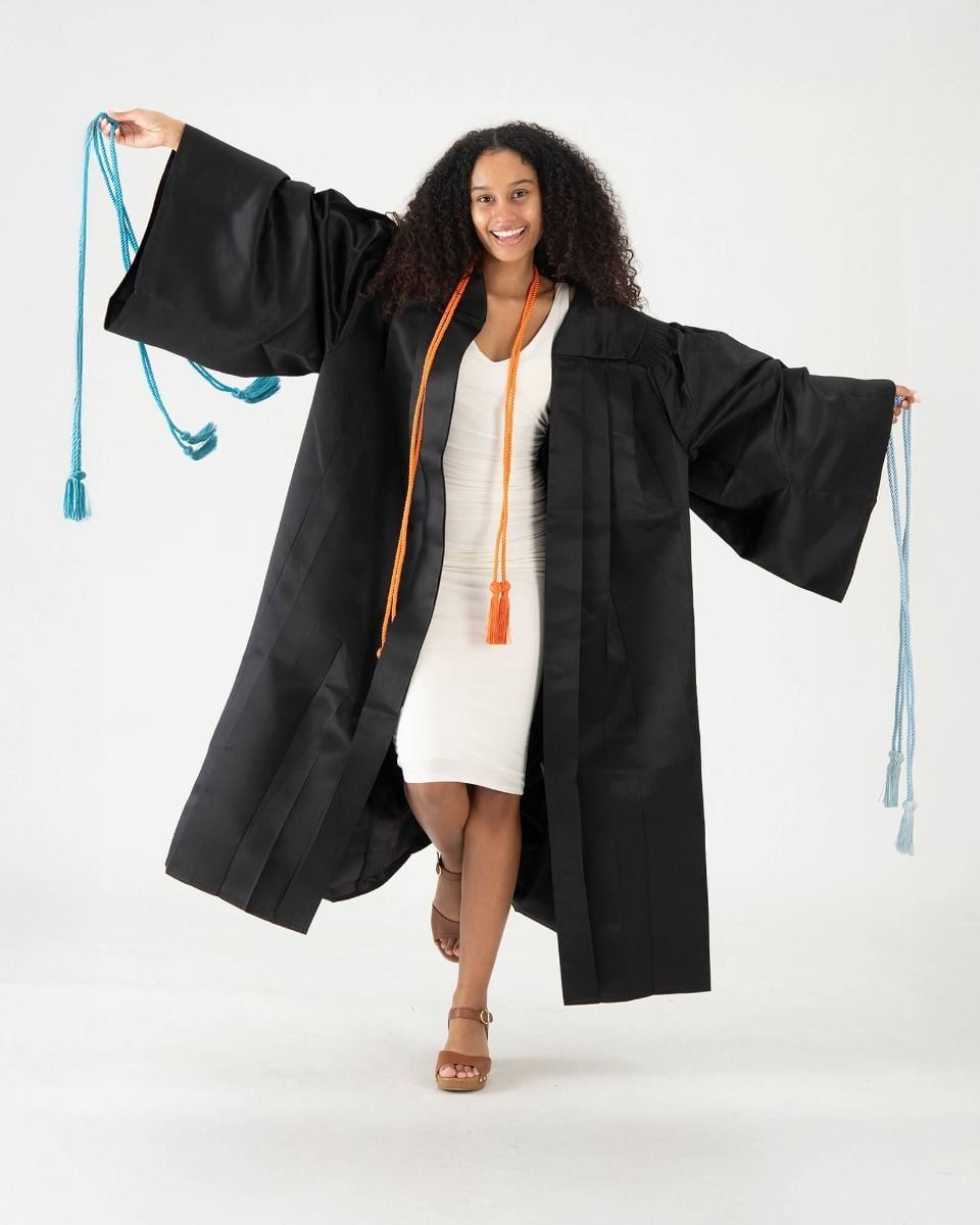 Oversized Gown with Orange and Blue Cords over White Dress — Graduation Speaker Outfits 2027