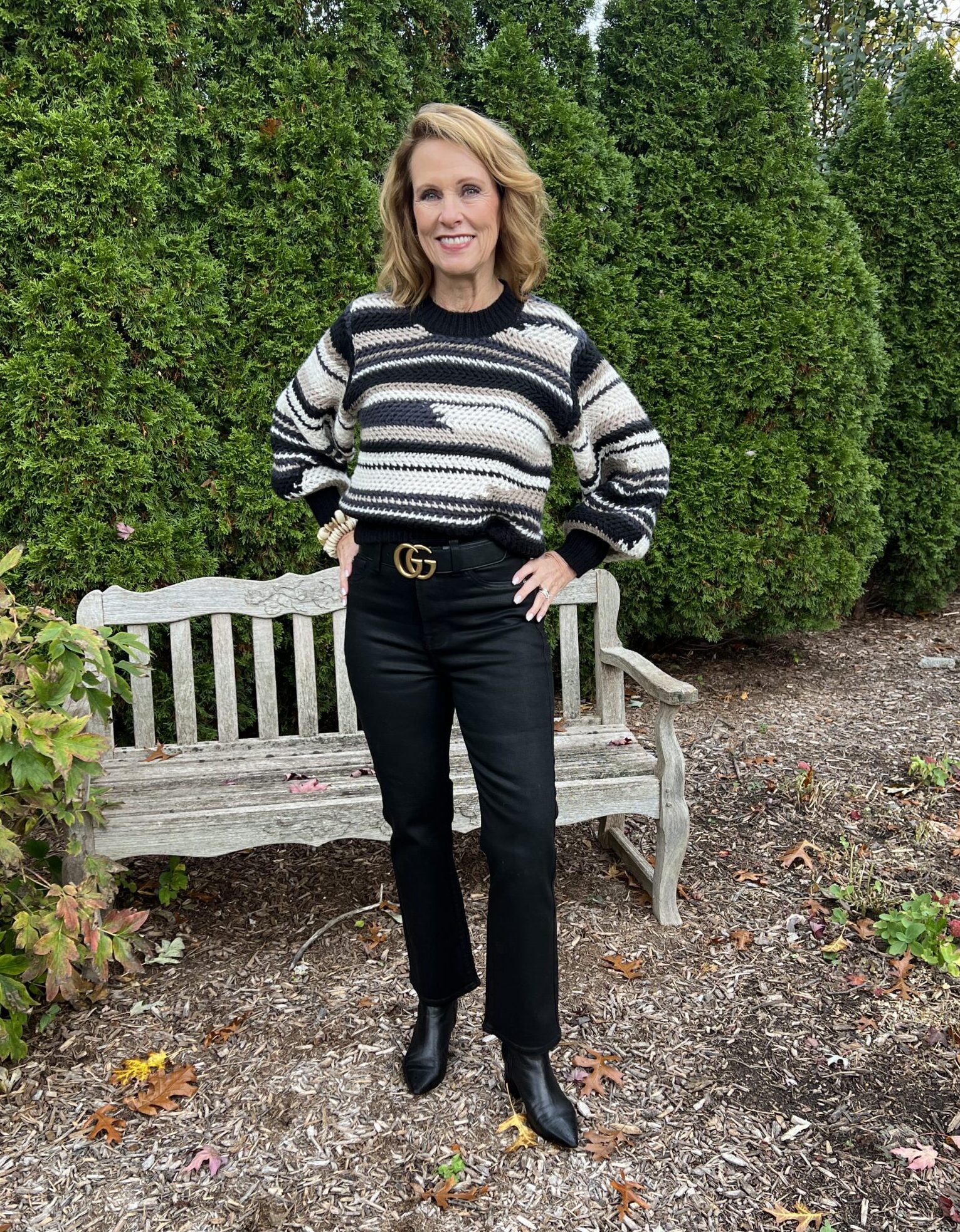 Striped Knit Sweater with Fitted Trousers for Casual Gatherings Striped Knit Sweater with Fitted Trousers for Casual Gatherings — Hostess Outfits 2027
