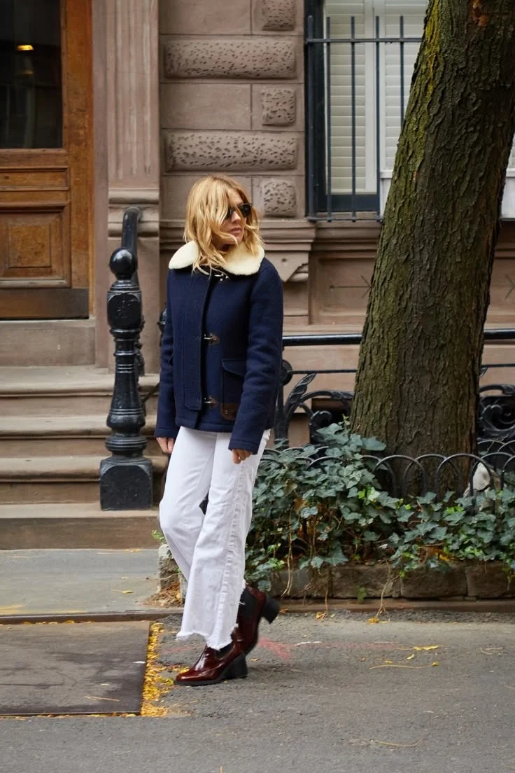 Navy Cropped Jacket with White Wide-Leg Jeans Navy Cropped Jacket with White Wide-Leg Jeans — Winter Blue Outfits 2027