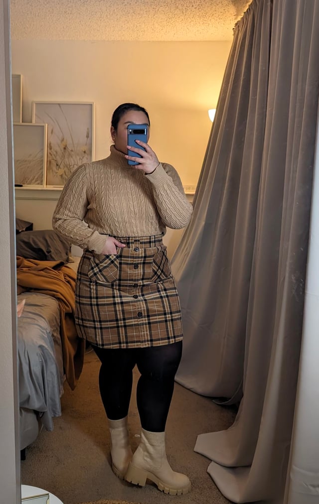 Cable-Knit Sweater with Plaid Button-Front Skirt — Plus Size Thanksgiving Outfits 2026
