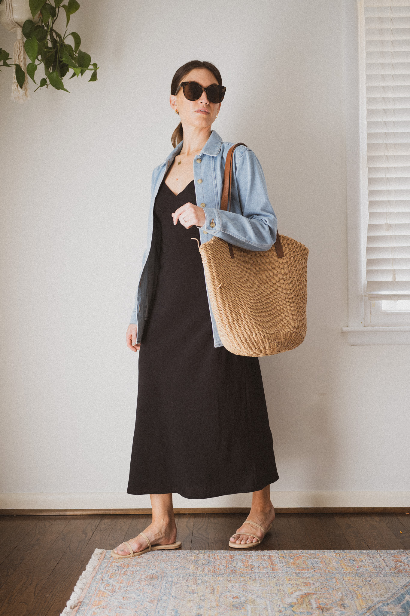 Black Midi Slip Dress with Denim Jacket for Daytime Casual — Slip Dress Outfits 2027