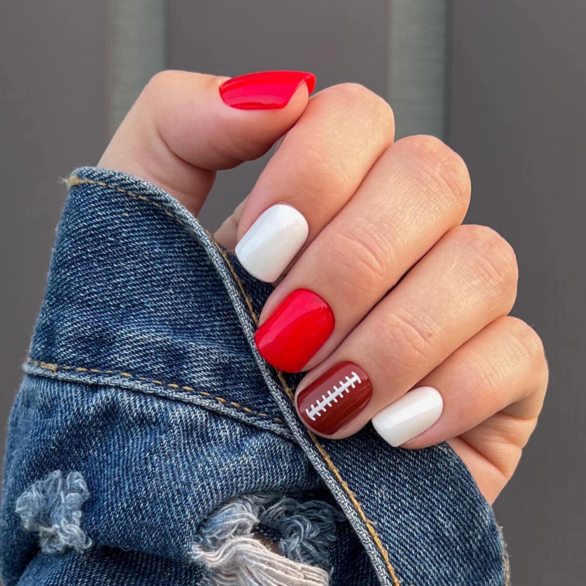 Short Square Red White Brown Football Short Square Red White Brown Football — Football Nails 2026