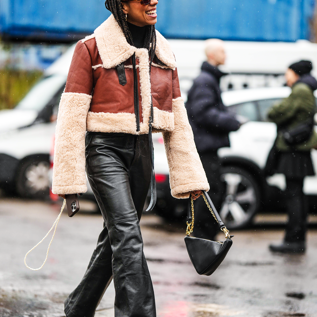 Urban Explorer: Black Leather Flare Pants with a Shearling Jacket Urban Explorer: Black Leather Flare Pants with a Shearling Jacket — Leather Pants Outfits 2027