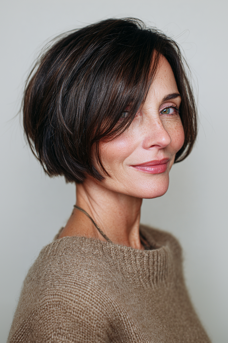 Chin Length Bob With Side Swept Fringe Chin Length Bob With Side Swept Fringe — Mini Bob 2027