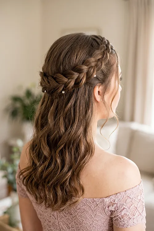 Mid-Back Classic Half-Up Braided Crown Mid-Back Classic Half-Up Braided Crown — Prom Hairstyles Braids 2027