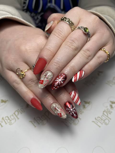 Red Beige Snowflake Candy Cane Nails Red Beige Snowflake Candy Cane Nails — Matte Christmas Nails 2026