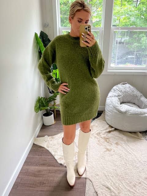 Oversized Green Sweater Dress with White Boots Oversized Green Sweater Dress with White Boots — Sweater Dress Outfits 2027