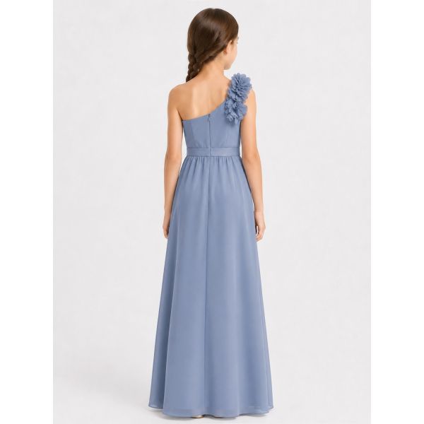 Dusty Blue One-Shoulder Chiffon with Flower Detail Dusty Blue One-Shoulder Chiffon with Flower Detail — Junior Bridesmaid Dress 2027