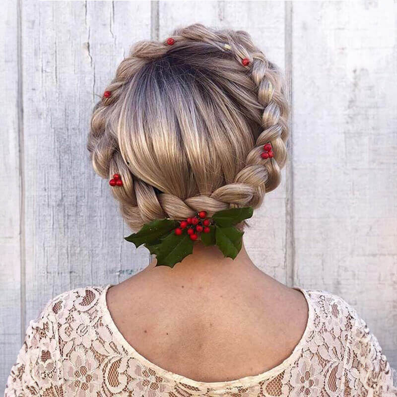 Ash Blonde Braided Crown With Holly Ash Blonde Braided Crown With Holly — Christmas Photo Hairstyles 2026