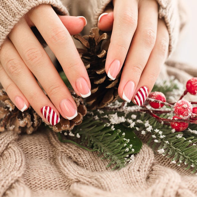 Classic French with Candy Cane Stripes — Short Christmas Nails 2026