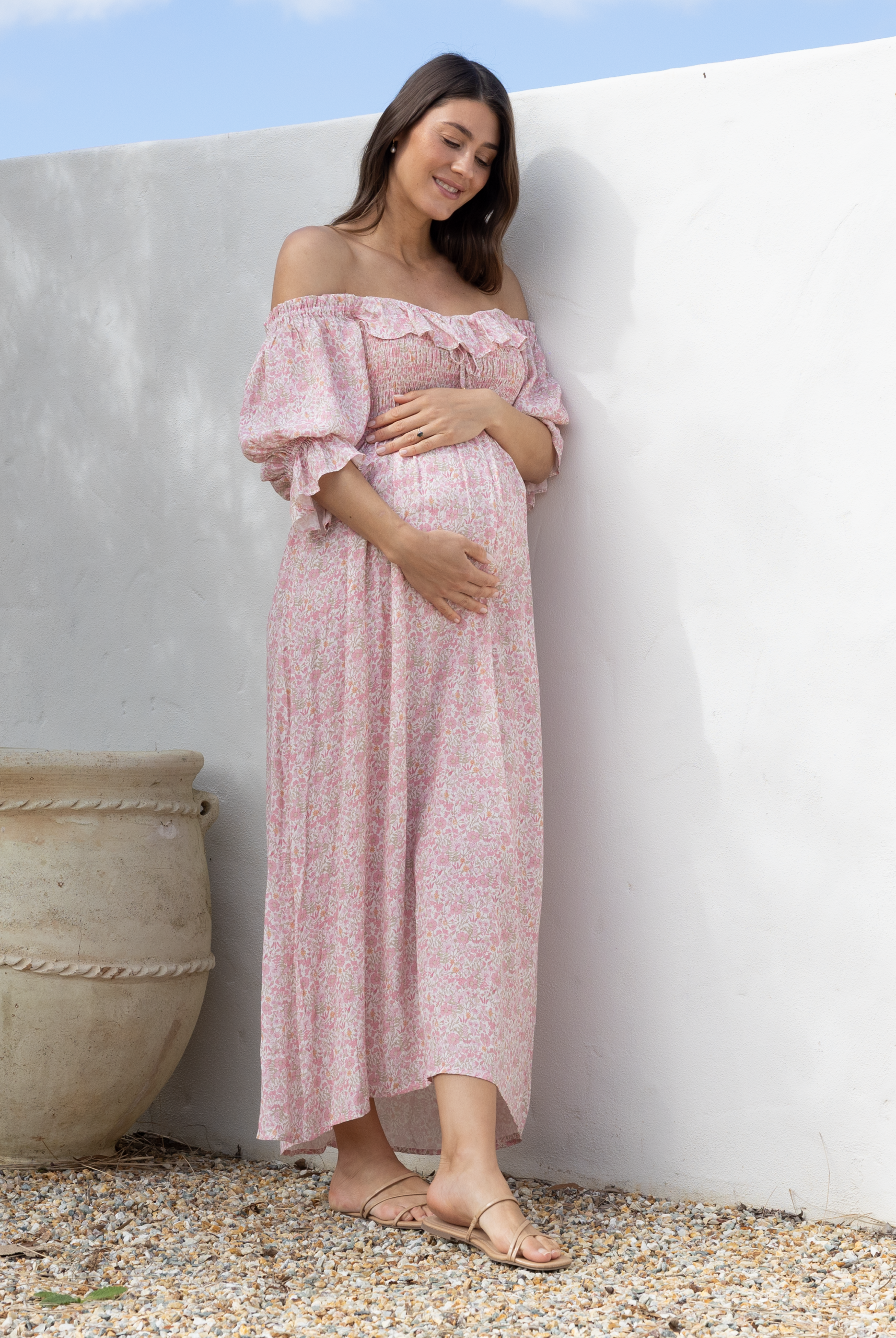 Pink and White Floral Off-the-Shoulder Smocked Maxi Dress Pink and White Floral Off-the-Shoulder Smocked Maxi Dress — Summer Baby Shower Outfits 2027