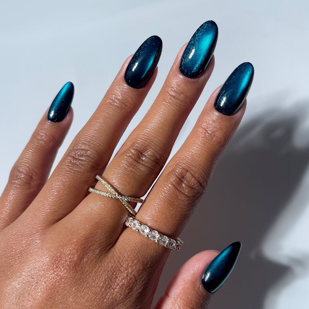 Magnetic Cat Eye Dark Teal Stiletto Nails — Teal Nails 2027