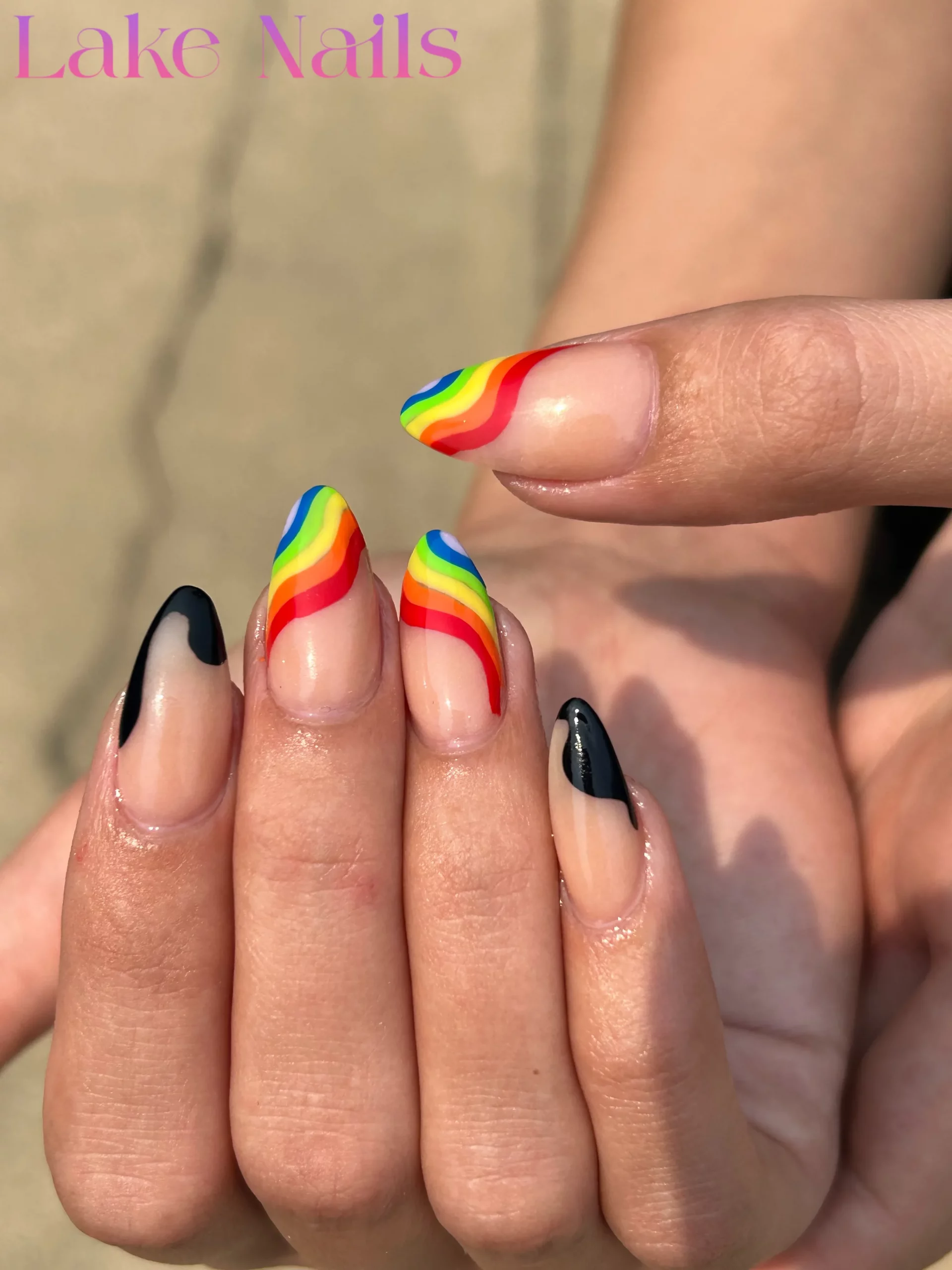 Wavy Rainbow Tip Almonds with Black French Wavy Rainbow Tip Almonds with Black French — Rainbow Nails 2027