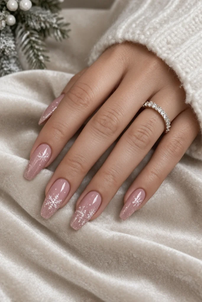 Dusty Pink Glitter Snowflake Coffin Nails Dusty Pink Glitter Snowflake Coffin Nails — Neutral Christmas Nails 2026