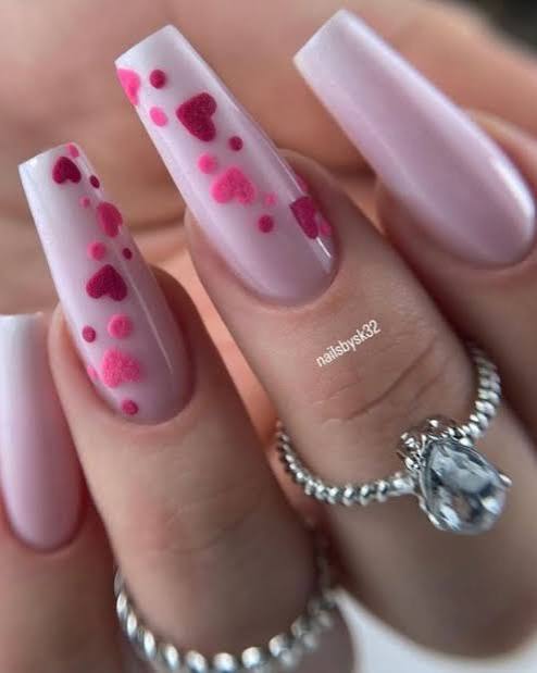 Translucent Pink Scattered Heart Coffin Nails Translucent Pink Scattered Heart Coffin Nails — Valentines Coffin Nails 2027