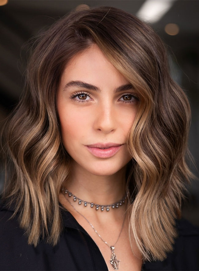 Brunette Lob With Caramel Balayage Dimension — Balayage on Wavy Hair 2027