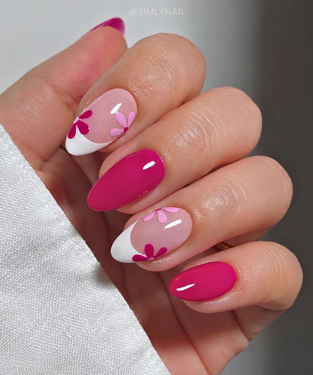 Bright Pink Nails with Floral Accents — Floral Gel Nails 2027