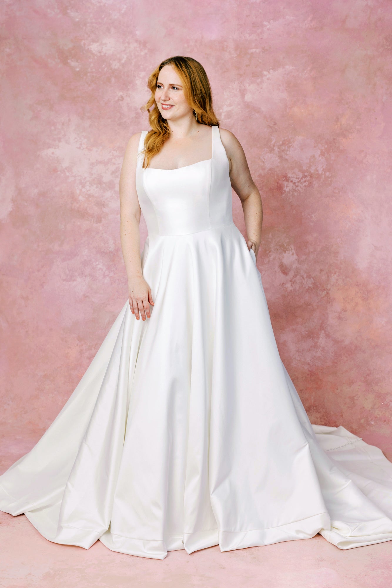 White Stretch Mikado Ballgown with Square Neckline and Pockets White Stretch Mikado Ballgown with Square Neckline and Pockets — Square Neck Wedding Dresses 2027