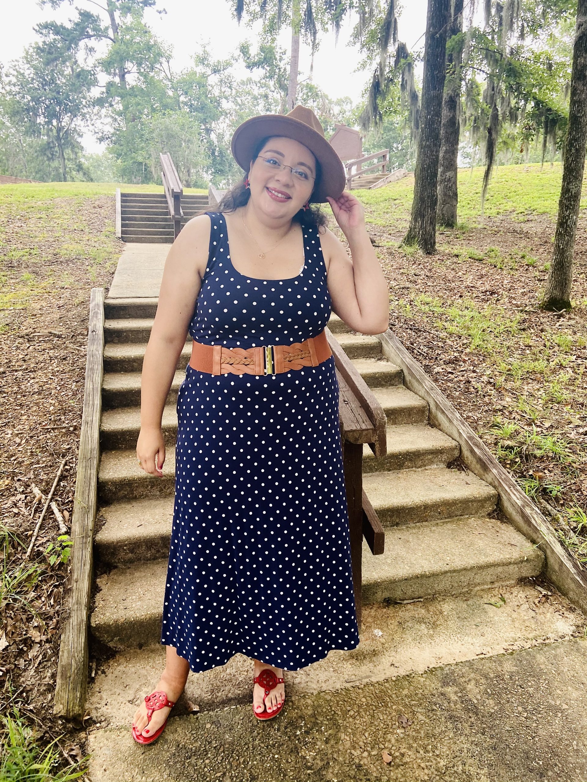 Polka Dot Elegance: Navy Maxi Dress with Brown Accents Polka Dot Elegance: Navy Maxi Dress with Brown Accents — Plus Size 4th of July Outfits 2027