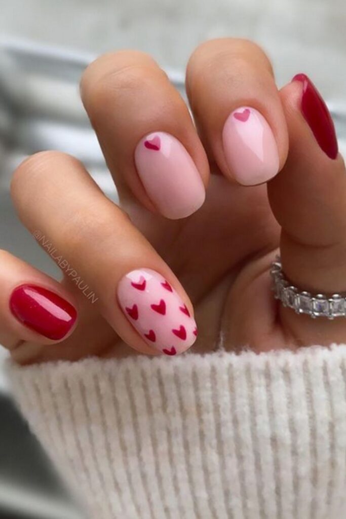 Light Pink With Scattered Red Hearts Light Pink With Scattered Red Hearts — Red Valentines Nails 2027