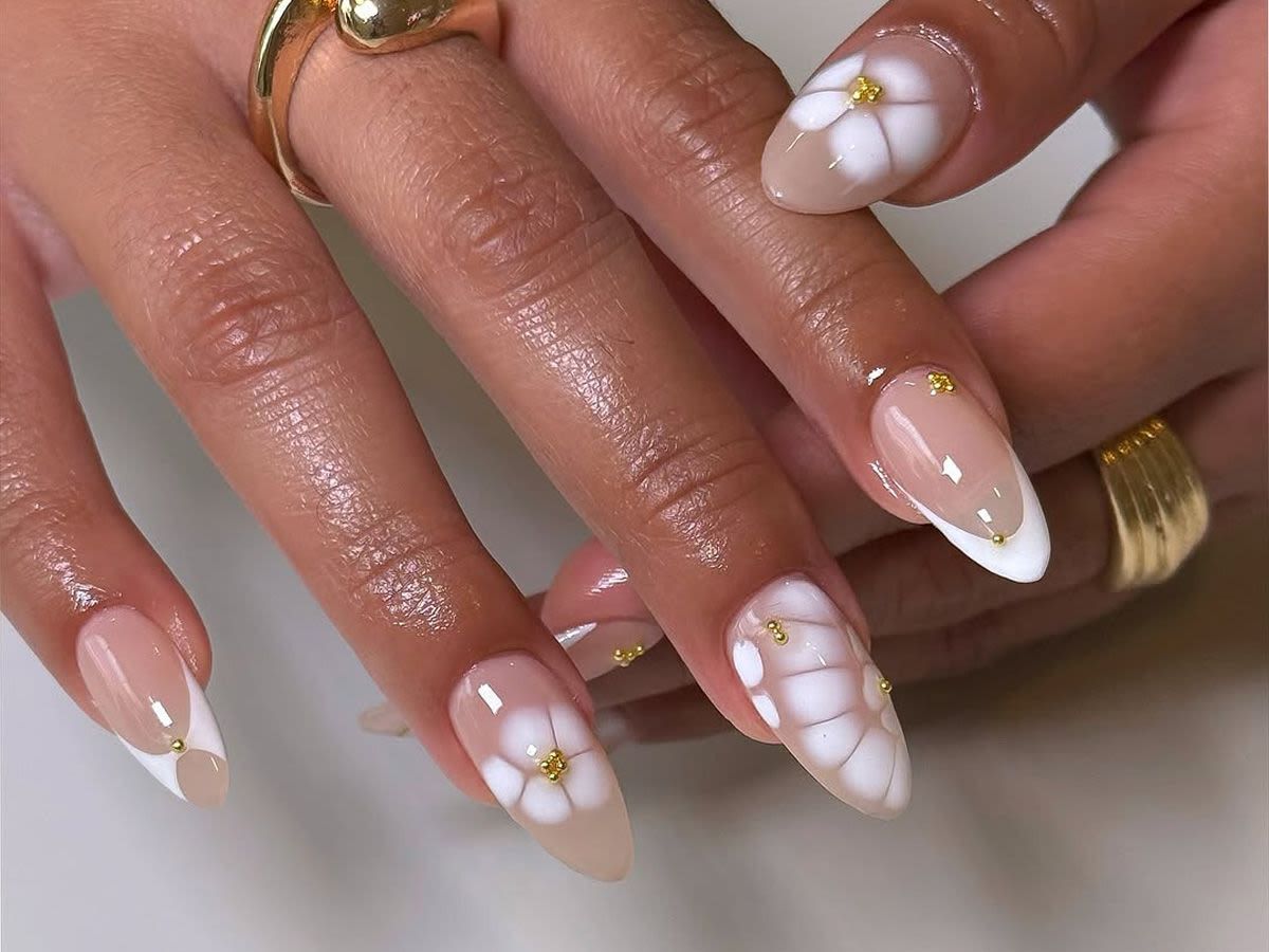 Classic French with White Floral Accents — Floral Wedding Nails 2027