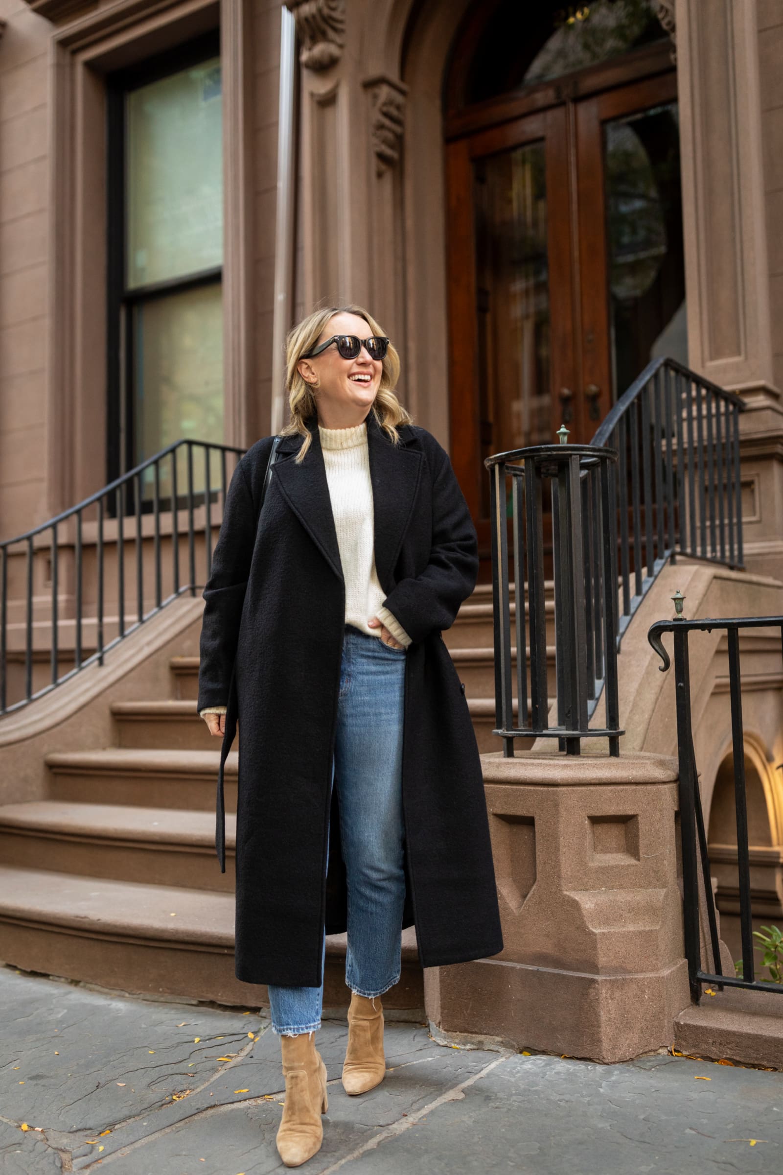 Black Wool Blend Coat with Cream Knit and Tan Boots Black Wool Blend Coat with Cream Knit and Tan Boots — Winter Outfits 2027 with Long Coat