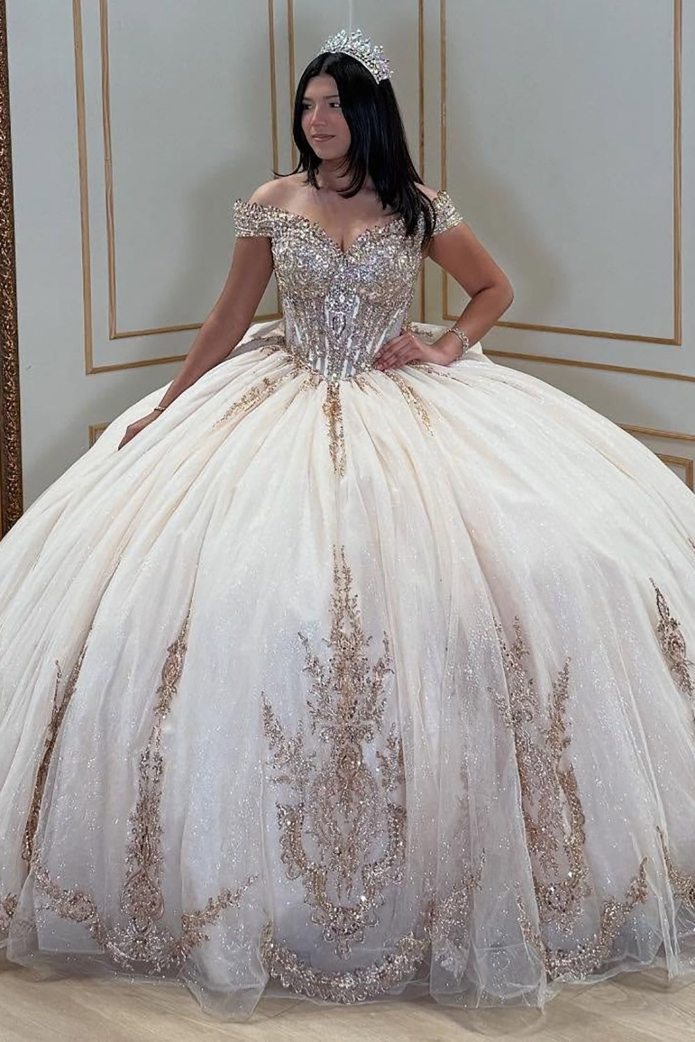 Off-Shoulder Champagne Ballgown with Lace Appliques and Glitter Finish — Champagne Quinceanera Dress 2027