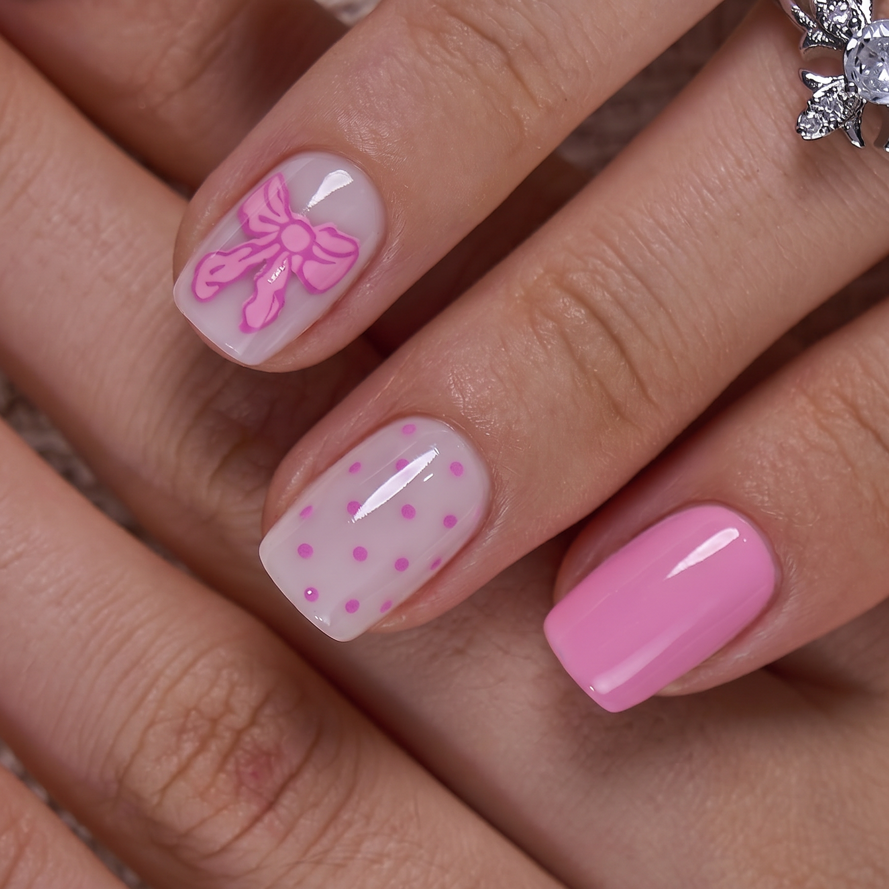 Glossy Short Square Sheer White with Pink Bow & Dots — Pink Bow Nails 2027
