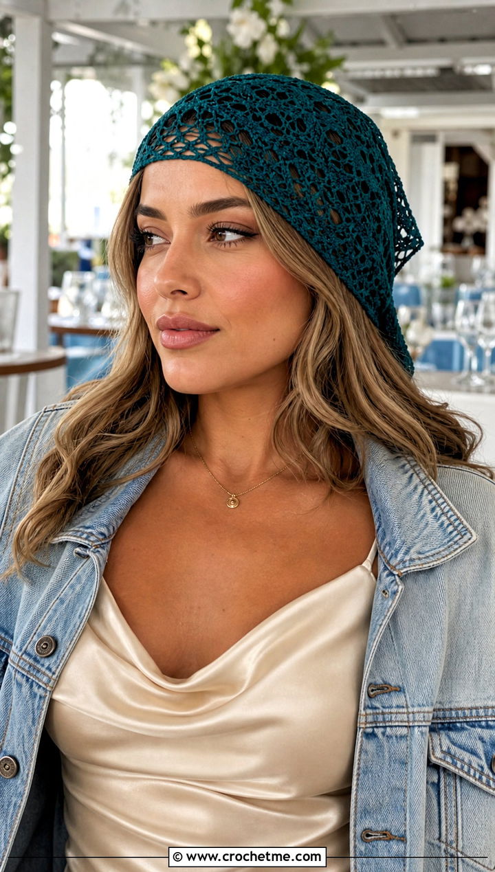 Textural Play: Crocheted Scarf with Denim and Satin Textural Play: Crocheted Scarf with Denim and Satin — Hair Scarf Outfits 2027