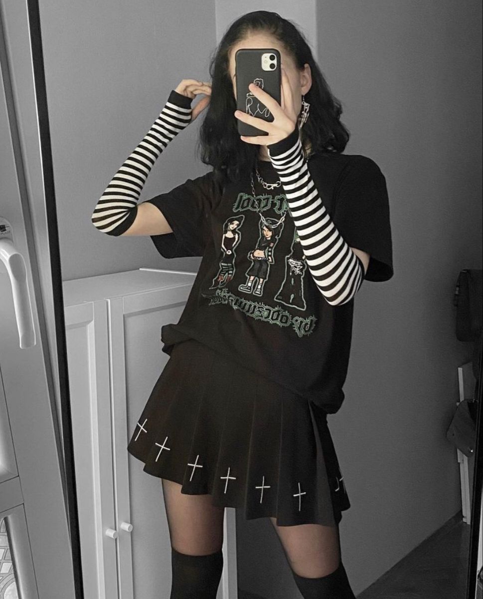 Cross-Adorned Skirt and Striped Arm Warmers: Iconic Emo Elements Cross-Adorned Skirt and Striped Arm Warmers: Iconic Emo Elements — Emo Outfits 2027