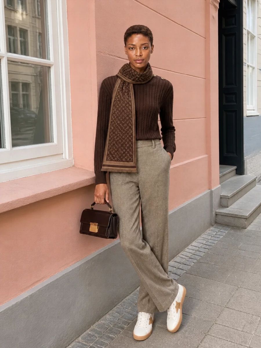 Smart Casual Elegance with Ribbed Knit and Wide-Leg Trousers Smart Casual Elegance with Ribbed Knit and Wide-Leg Trousers — Golden Goose Outfits 2027