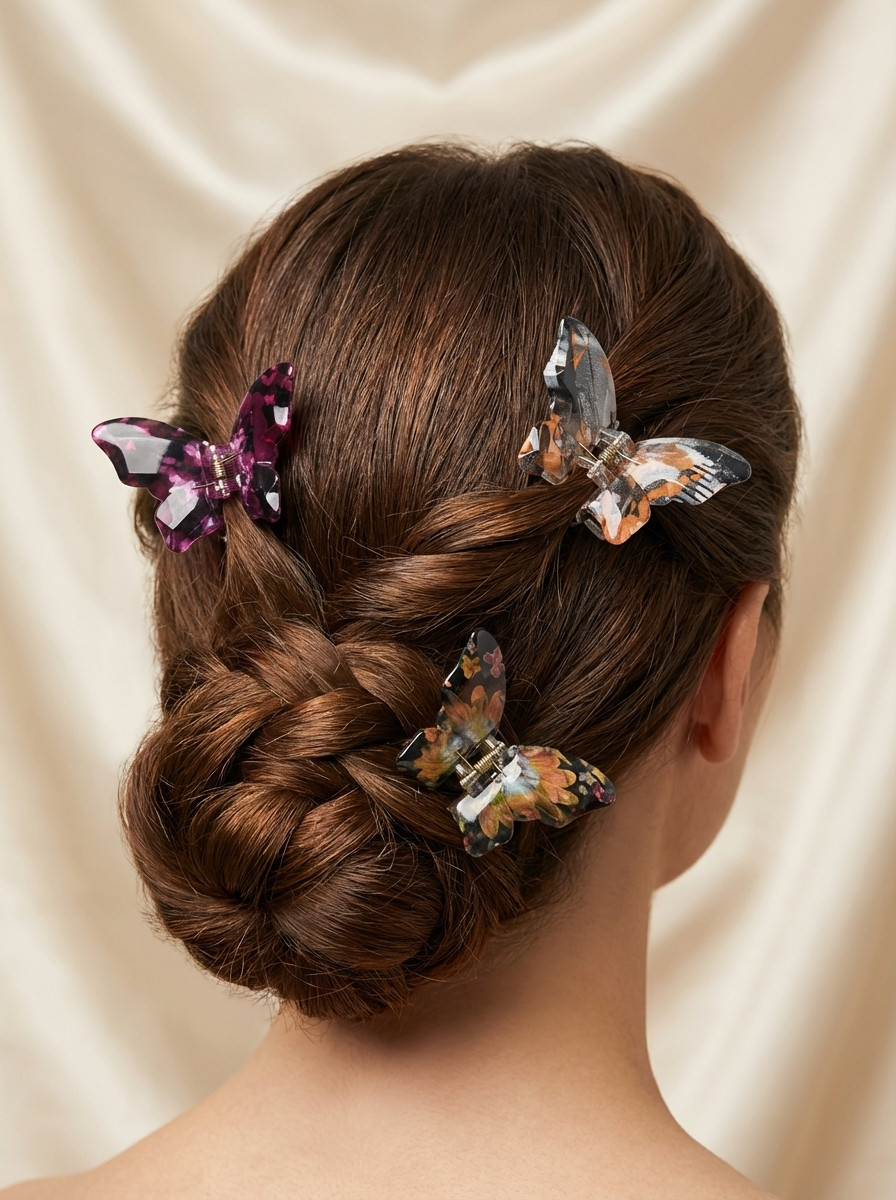 Braided Bun With Translucent Butterfly Clips Braided Bun With Translucent Butterfly Clips — Butterfly Hair Clip Hairstyles 2027